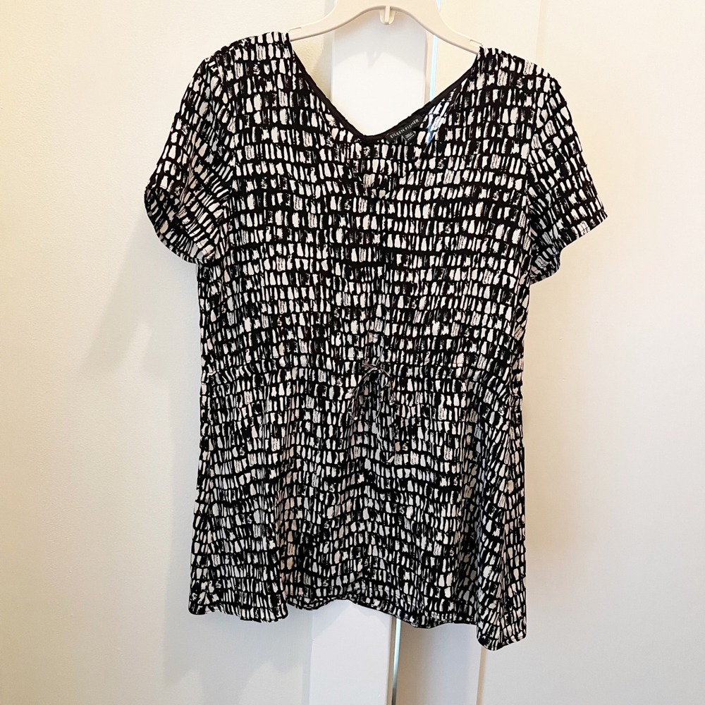 Eileen Fisher Seraglio Silk Dress XS Abstract V-Neck Mini Black‎ White